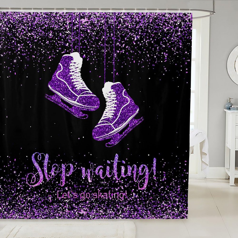 Skate Shoes Shower Curtains,Ice Skating Game Bathroom Curtains for Kids Teens,Extreme Sport Glitter Purple Waterproof Bath Curtains,with 12 Hooks Suits for Bathtub, 72" W x 78" L