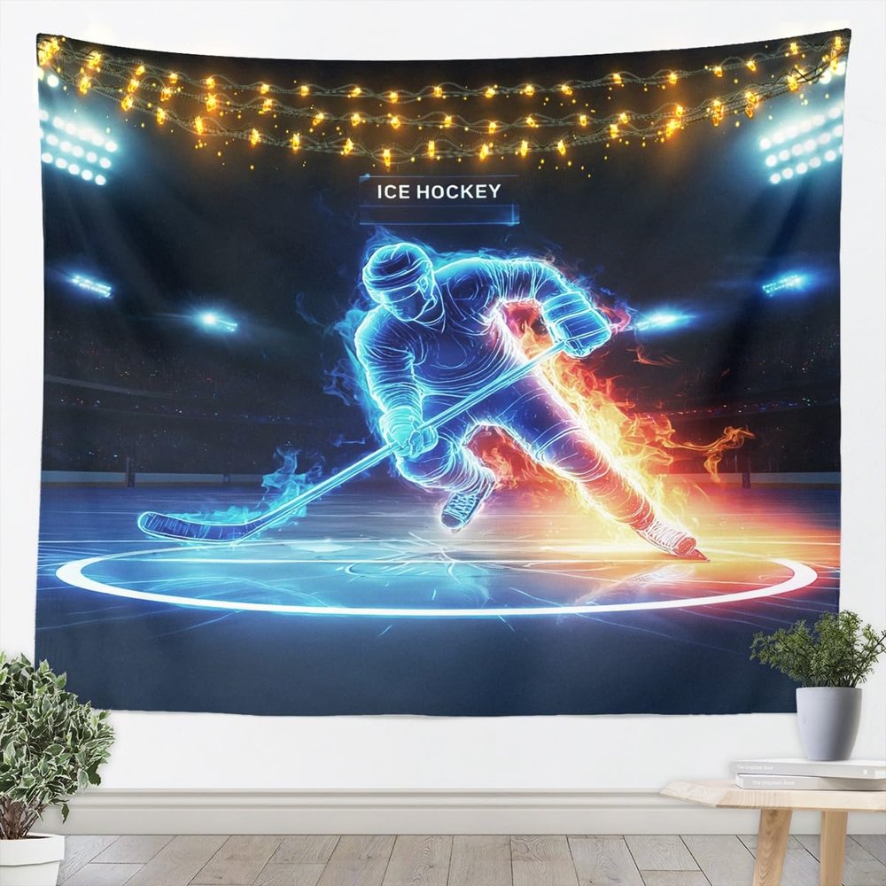 Ice Hockey Tapestry Ice Fire Athlete Wall Hanging for Kids Teens Boys Room Decor,Game Sport Wall Blanket Tapestries Modern Wall Art Hanging, Medium 59.1 x 59.1 Inches