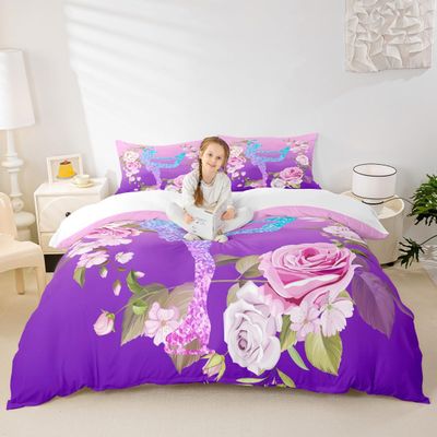 Gymnastics Duvet Cover Set Twin,Gymnastics Lovers Bedding Set 2pcs for Kids Teens Boys Girls Adult Room Decor,Floral Botanical Comforter Cover Purple Glitter Quilt Cover with 1 Pillowcase