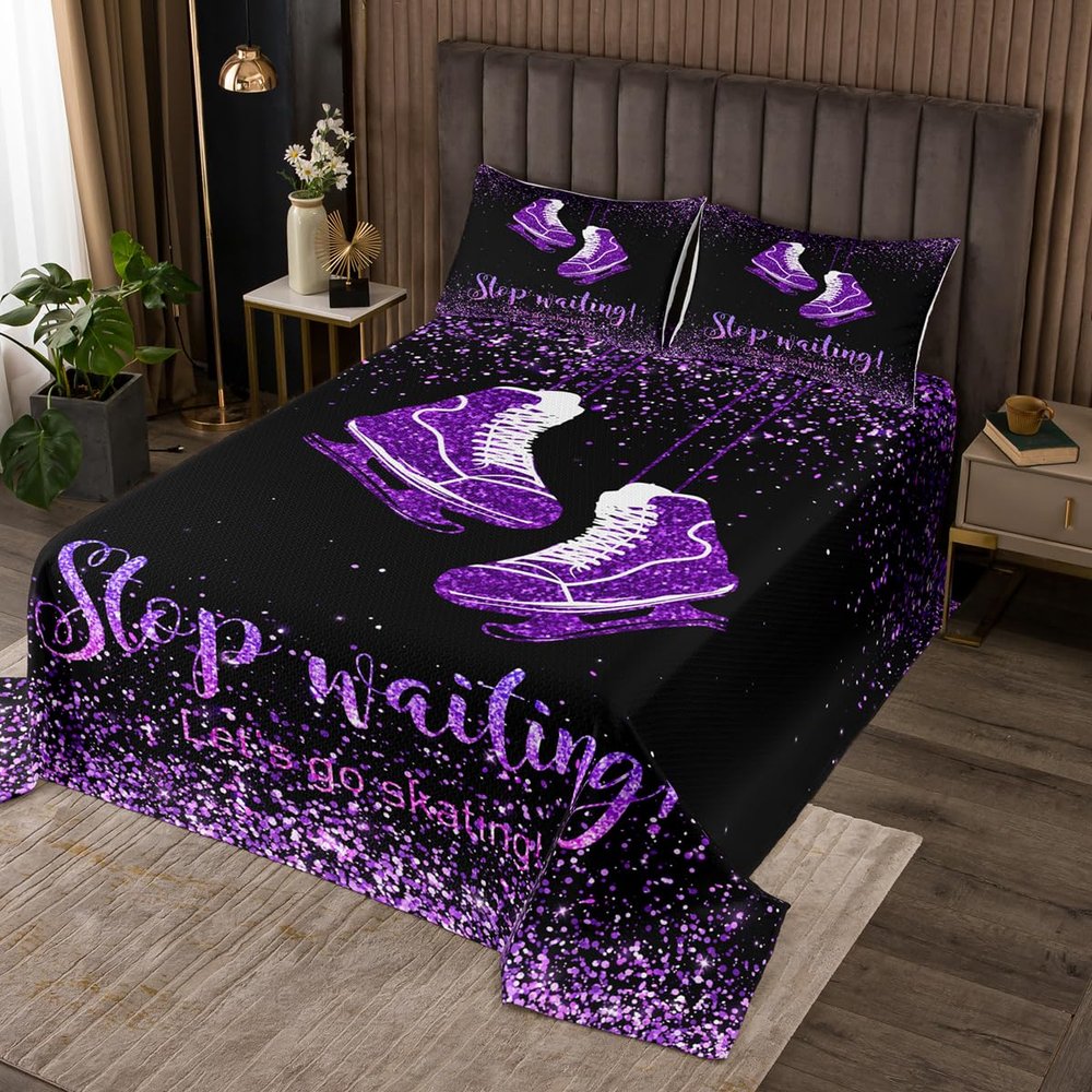 Homewish Skate Shoes Bedspread Twin Size,Ice Skating Game Coverlet Set 2pcs for Kids Teens Girls Boys Room Decor, Extreme Sport Quilted Coverlet Glitter Purple Bedding Quilt with 1 Pillowcase