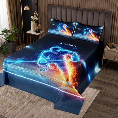 Homewish Ice Hockey Bedspread Twin Size,Ice Fire Athlete Coverlet Set 2pcs for Kids Teens Boys Room Decor,Game Sport Quilted Coverlet Modern Bedding Quilt with 1 Pillowcase