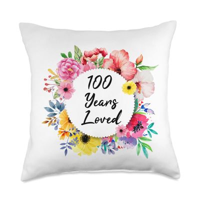 100 Years Loved, 100th Birthday Floral Throw Pillow
