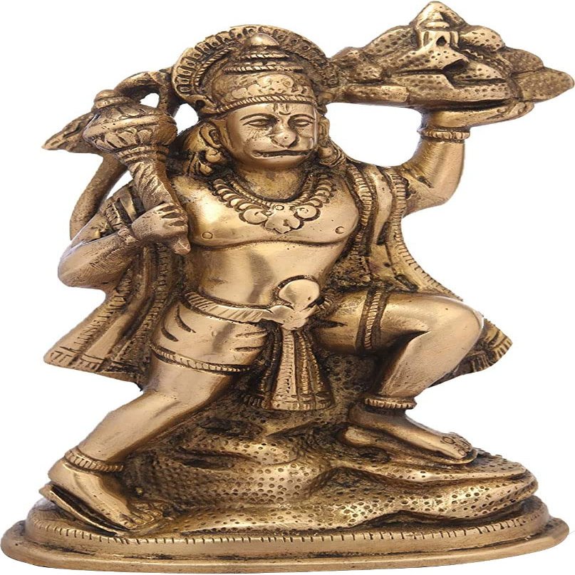 7" Lord Hanuman Holding The Mountain of Herbs (Sanjeevani Booti) in Brass | Handmade | Made in India