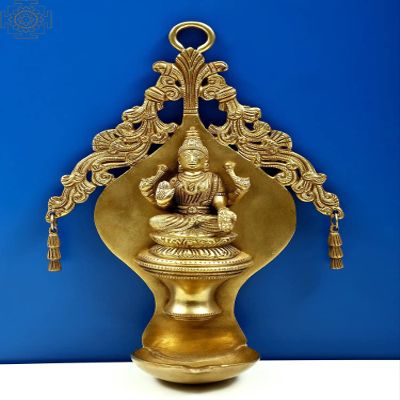Exotic India 10" Brass Goddess Lakshmi Wall Hanging Diya - Brass