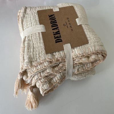 100% Cotton Muslin Throw Blanket, 4 Layers Bedspread, Soft Turkish Cotton Muslin Bed Cover, Reversible Coverlet, Ivory (Throw 47x71-120x180cm)