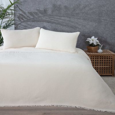 100% Cotton Muslin Throw Blanket, 4 Layers Bedspread, Soft Turkish Cotton Muslin Bed Cover, Reversible Coverlet, Ivory (Twin Size 63x90-160x230cm)