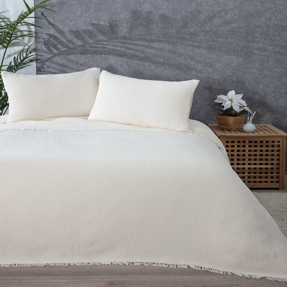 100% Cotton Muslin Throw Blanket, 4 Layers Bedspread, Soft Turkish Cotton Muslin Bed Cover, Reversible Coverlet, Ivory (Twin Size 63x90-160x230cm)