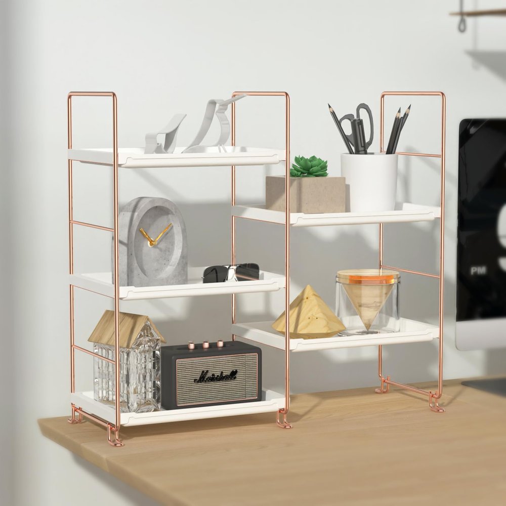 JANUS LiANG Bathroom countertop Organizer, 3-Tier Vanity Counter Skincare Organizer, Kitchen Spice Rack Countertop Organizer, Standing Shelf for Cosmetic & Makeup (Rose Gold)