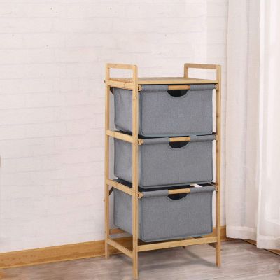 3 Drawer Basket Storage Drawers Unit,3-Tier Bathroom Dresser Tower Organizer with Bamboo Frame and Pull-Out Fabric Baskets,Side End Table Storage Nightstand for Living Room,Bedroom,Hallway,Entryway