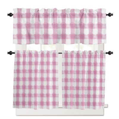 3 Piece Watercolor Buffalo Check Grid Kitchen Curtains, Tier and Valance Rod Pocket Window Curtains Set Farmhouse Pink Cafe Curtains for Kitchen Valances Window Treatment 54X18in+27x24in2
