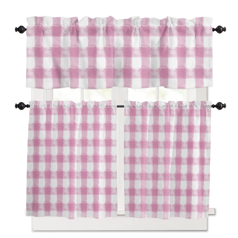 3 Piece Watercolor Buffalo Check Grid Kitchen Curtains, Tier and Valance Rod Pocket Window Curtains Set Farmhouse Pink Cafe Curtains for Kitchen Valances Window Treatment 54X18in+27x24in2
