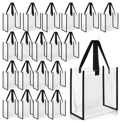 Saintrygo 20 Pack Clear Tote Bags Bulk 12 x 12 x 6 PVC Plastic Tote Bag with Handles for Stadium Work Beach Sports(Black)
