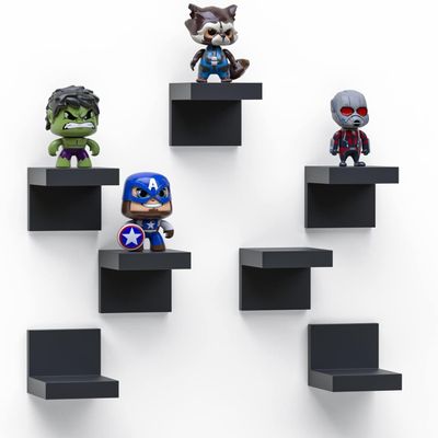 7-Pack Small Floating Shelves for Wall by RicherHouse, Plastic Black Shelf 4 Inch Display Ledges Room Decor, Mini with 2 Types of Installation (Adhesive or Screw)