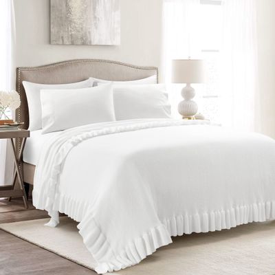 Lush Decor Reyna Soft Knitted Ruffle Throw Blanket, 104" W x 88" L, White - Classic Ruffled Bedding - Knit Blanket - Cozy Oversized Blanket For Bed or Couch - Vintage, Minimalist & Cottage Home Decor