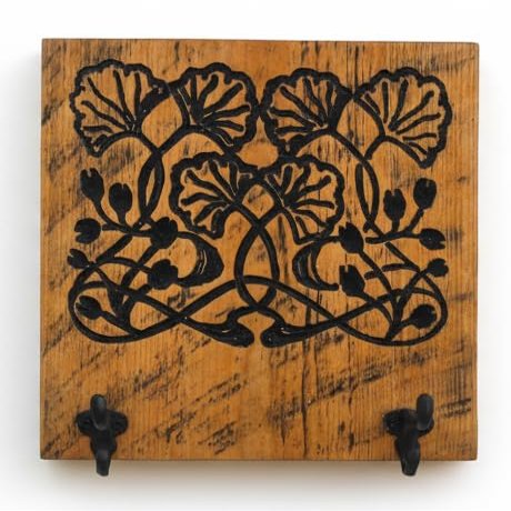 Art Nouveau Gingko Motif Coat Hanger - Carved in a 12"x12" Solid Wood Board | Key Holder | Entryway Organizer | Towel Rack | Leash Holder