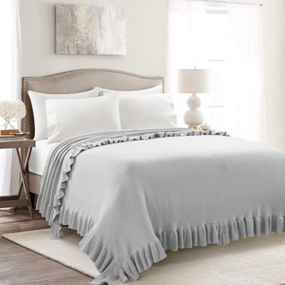 Lush Decor Reyna Soft Knitted Ruffle Throw Blanket, 104" W x 88" L, Light Gray - Ruffled Bedding - Knit Blanket - Cozy Oversized Blanket For Bed or Couch - Vintage, Minimalist & Cottage Home Decor