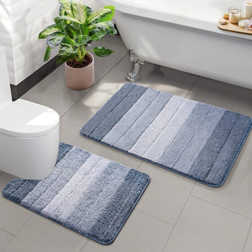2 Piece Ombre Bath Mat Set for Bathroom, Non Slip Ultra Soft and Thick Water Absorbent Bath Carpet, Machine Washable & Quick Dry Bathroom Rug, for Bedroom Door Living Room Blue