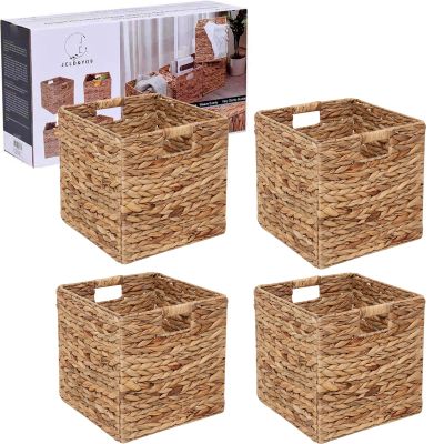 12x12in Storage Baskets Set of 4 Water Hyacinth Baskets,Foldable Handwoven Storage Cubes,Wicker Cube Baskets Laundry Organizer Totes for Home