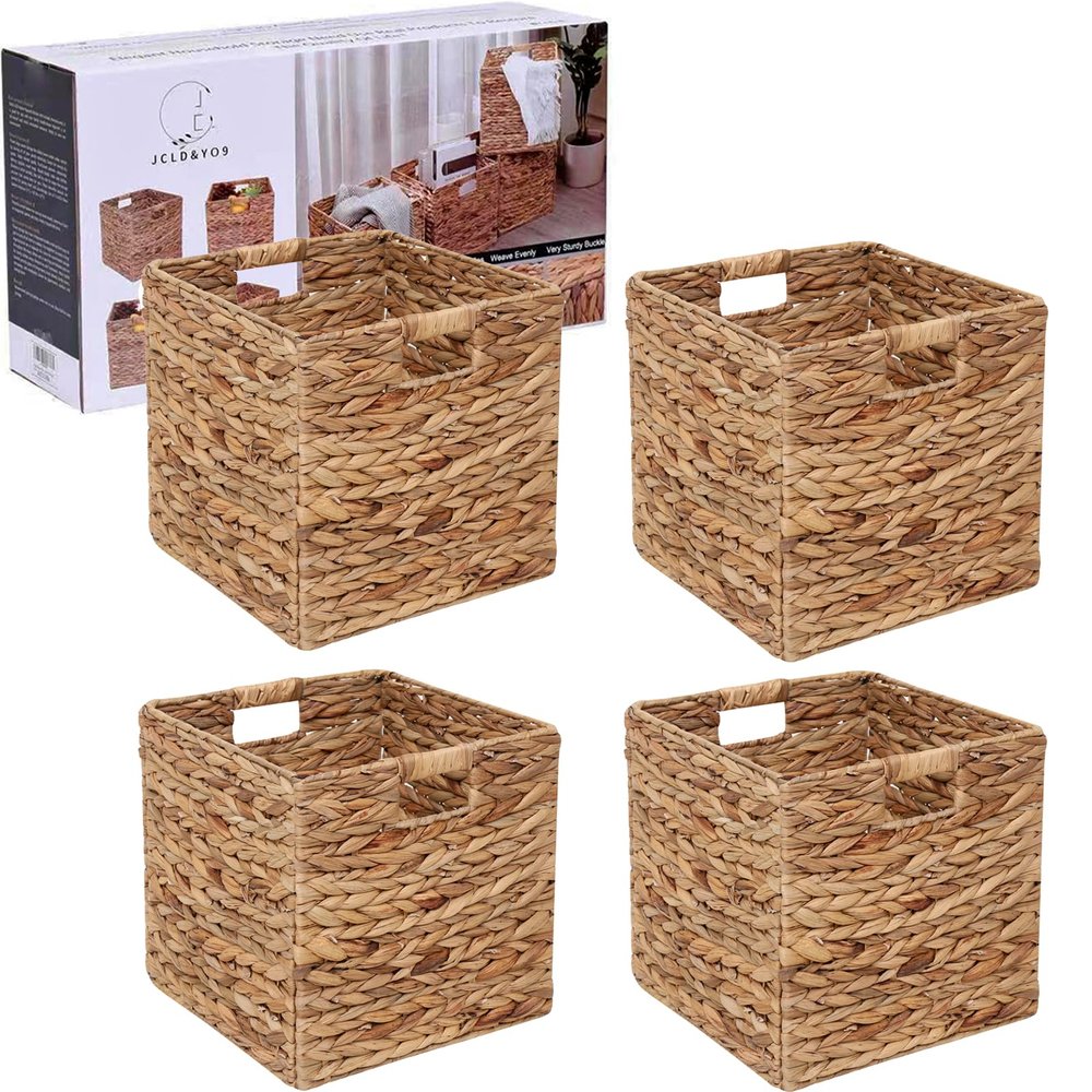 12x12in Storage Baskets Set of 4 Water Hyacinth Baskets,Foldable Handwoven Storage Cubes,Wicker Cube Baskets Laundry Organizer Totes for Home