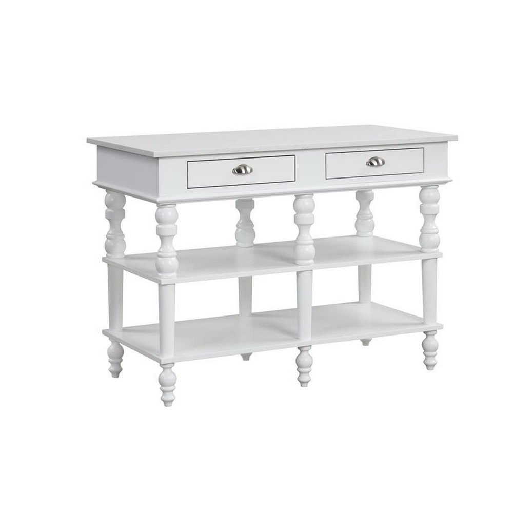 Benjara Kitchen Island with Artificial Marble Top and Turned Legs, White