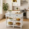 Benjara Kitchen Island with Artificial Marble Top and Turned Legs, White view 2