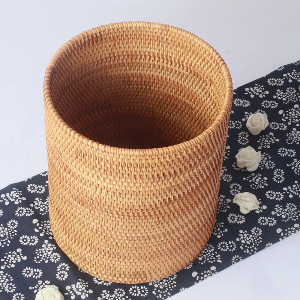 CL-ZZZ Round Household Wastebasket Natural Rattan Storage Bucket Trash Can Cylinder Desktop Waste Paper Basket, Suitable for Living Room Bathroom Bedroom (Size : B)
