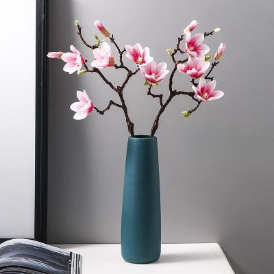 NA Light Luxury Ceramic vase hydroponic Tea Table Flower Arrangement Dry Flowers Simple Modern Nordic Dining Table Living Room Home Decoration Straight Body [Dark Green 30cm] + 2 Magnolias