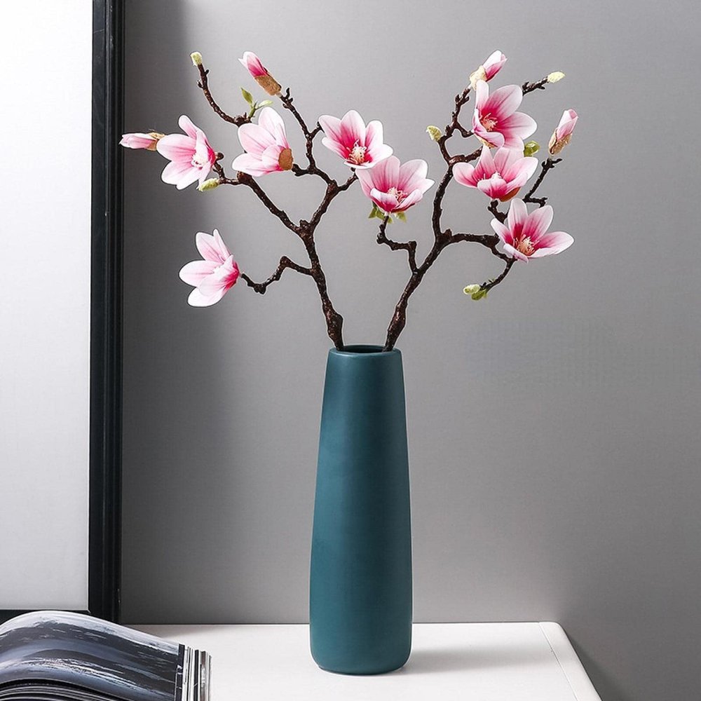 NA Light Luxury Ceramic vase hydroponic Tea Table Flower Arrangement Dry Flowers Simple Modern Nordic Dining Table Living Room Home Decoration Straight Body [Dark Green 30cm] + 2 Magnolias