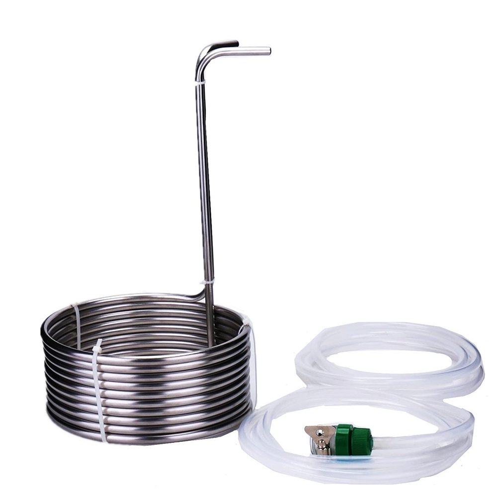 DKKO Homebrew Beer Wort Chiller - Immersion Wort Chiller Beer Cooling Coil 50' (16M) Length Food Grade 304 Stainless Steel - Package with 2 * 2M Hoses, Fittings and Faucet Adapter