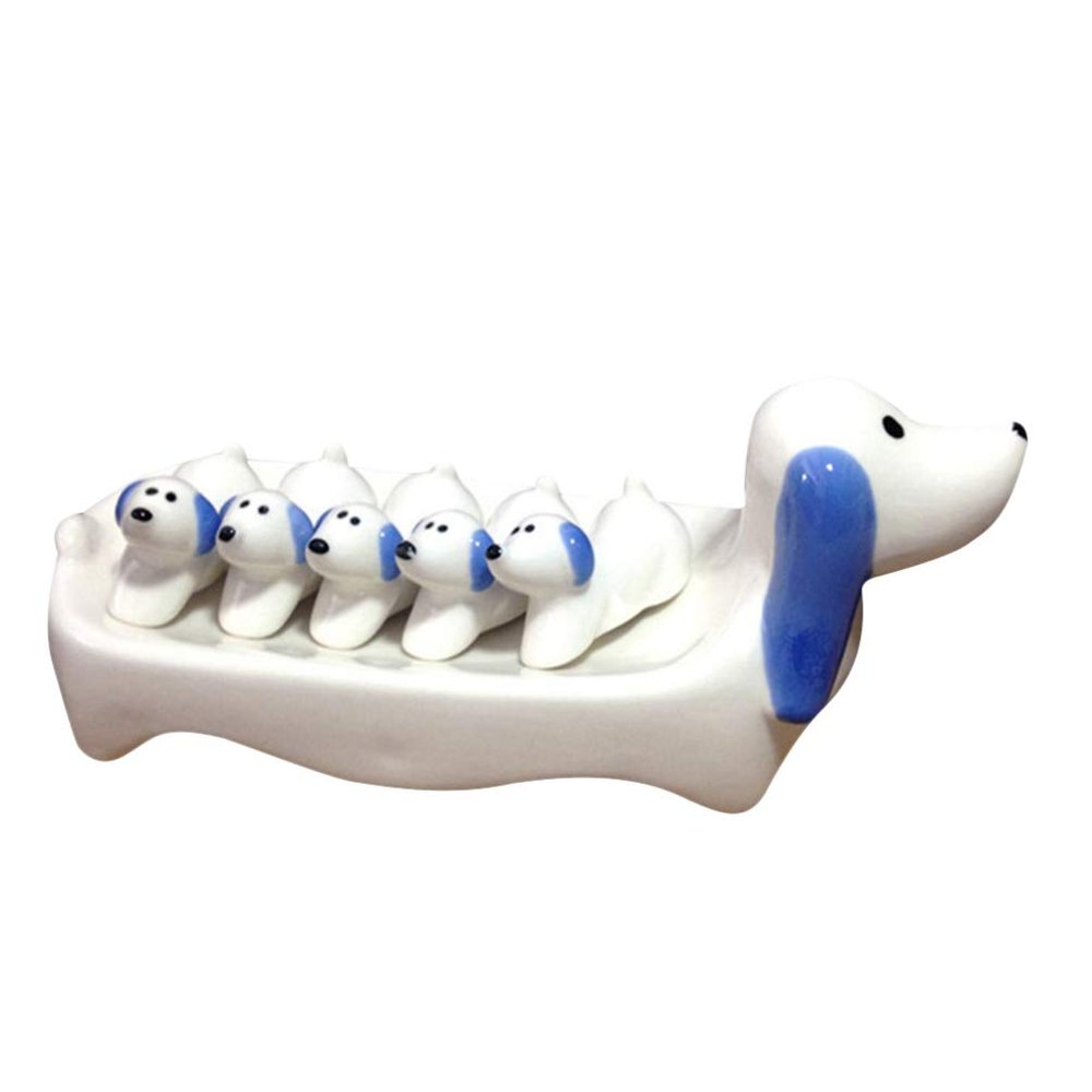 ASDUU Chopsticks Rest Dog Sauce Dish Dip Bowl Ceramic Dinner Spoon Stand Fork Holder Rack Chopsticks Utensil Cutlery Stand White Blue Decor Gift