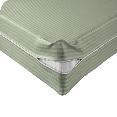 International Sheets Full Size Zipper Fitted Sheet Mattress Cover, 100% Egyptian Cotton 1000 Thread Counts, (Light Sage Stripe) 15 Inch Deep Pocket