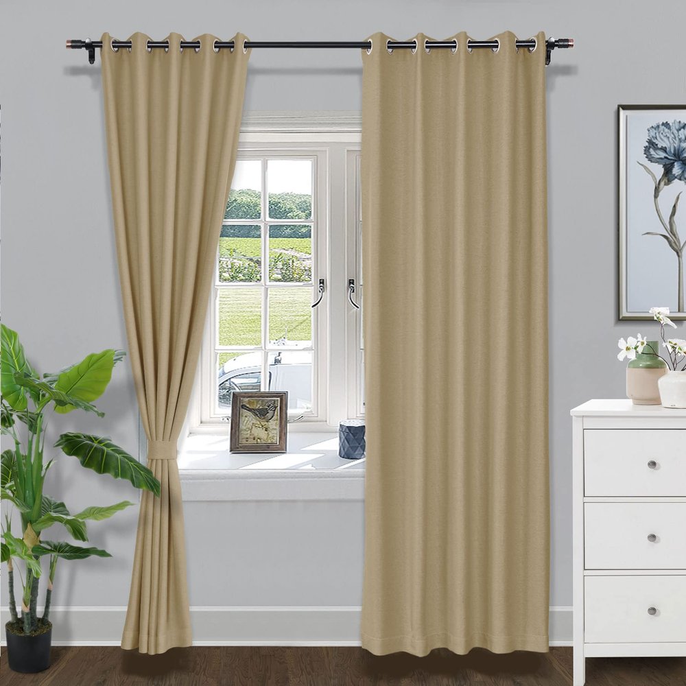 Fcosie 42" W x 72" L Grommet Blackout Curtains for Living Room, Thick Linen Look Draperies, Energy Efficient Window Curtains with Tieback, Noise Reduction Drapes for Bedroom, Khaki (2 Panels)