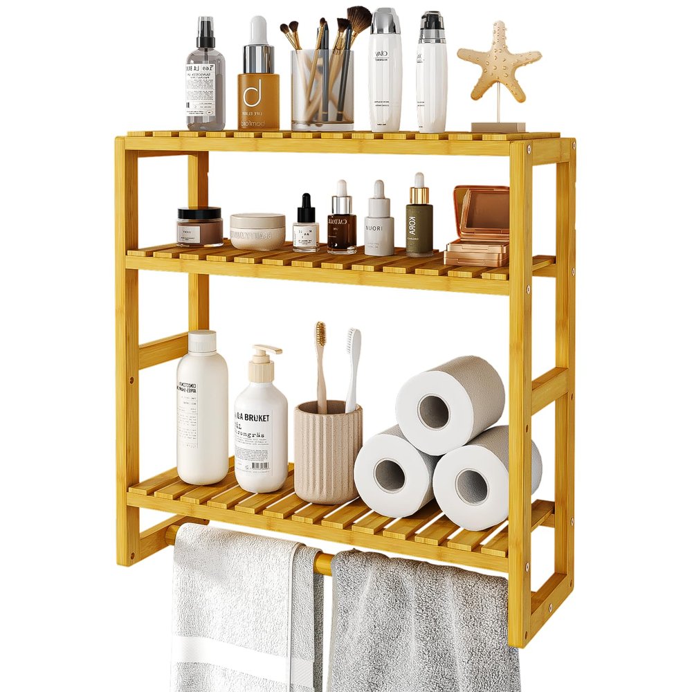 Galood Over The Toilet Storage Bathroom Shelves Wall Mounted 3 Tier Space Saver Corner Shelf Organizer Bamboo Towel Rack Toilet Paper Cabinet with Hanging Rod Yellow