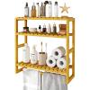 Galood Over The Toilet Storage Bathroom Shelves Wall Mounted 3 Tier Space Saver Corner Shelf Organizer Bamboo Towel Rack Toilet Paper Cabinet with Hanging Rod Yellow view 1