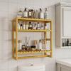 Galood Over The Toilet Storage Bathroom Shelves Wall Mounted 3 Tier Space Saver Corner Shelf Organizer Bamboo Towel Rack Toilet Paper Cabinet with Hanging Rod Yellow view 4