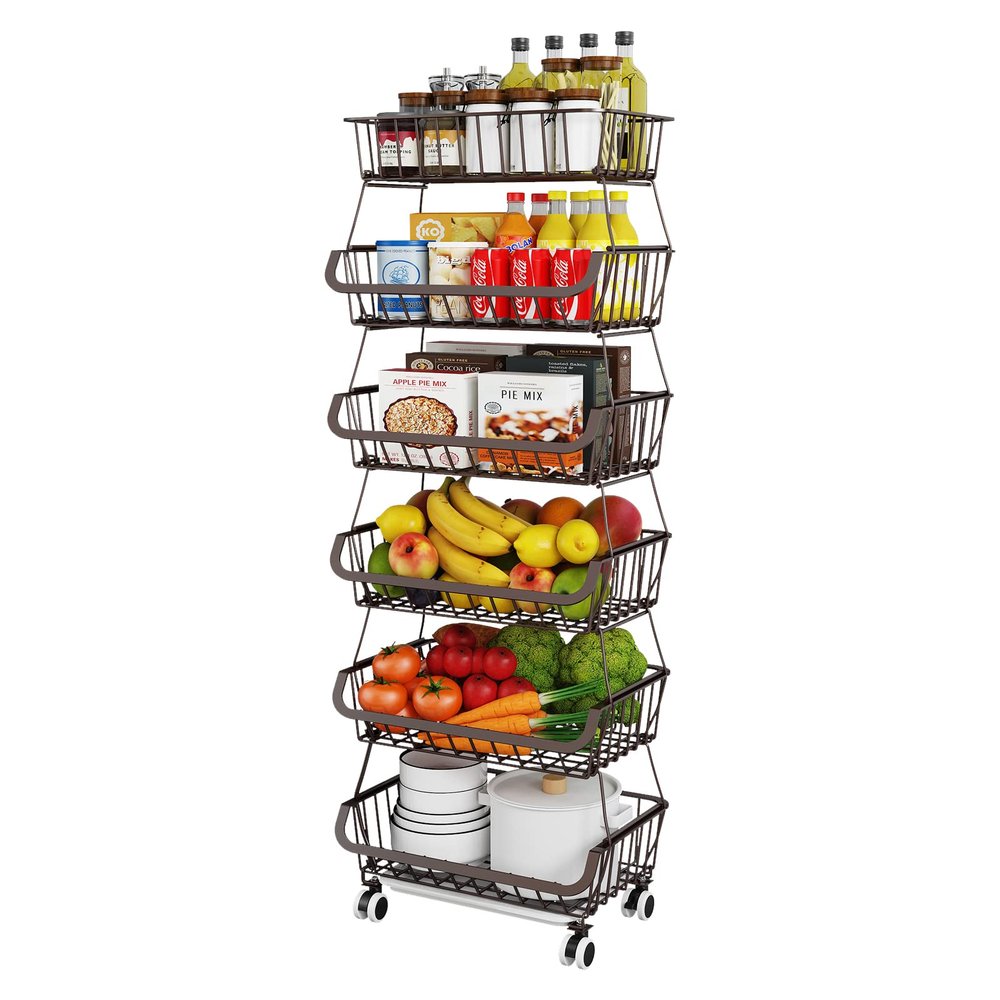 Miyawell Fruit Vegetable Storage Basket for Kitchen - 6 Tier Stackable Metal Wire Baskets Cart with Rolling Wheels Utility Fruits Rack Produce Snack Organizer Bins for Pantry Bathroom Laundry Bronze