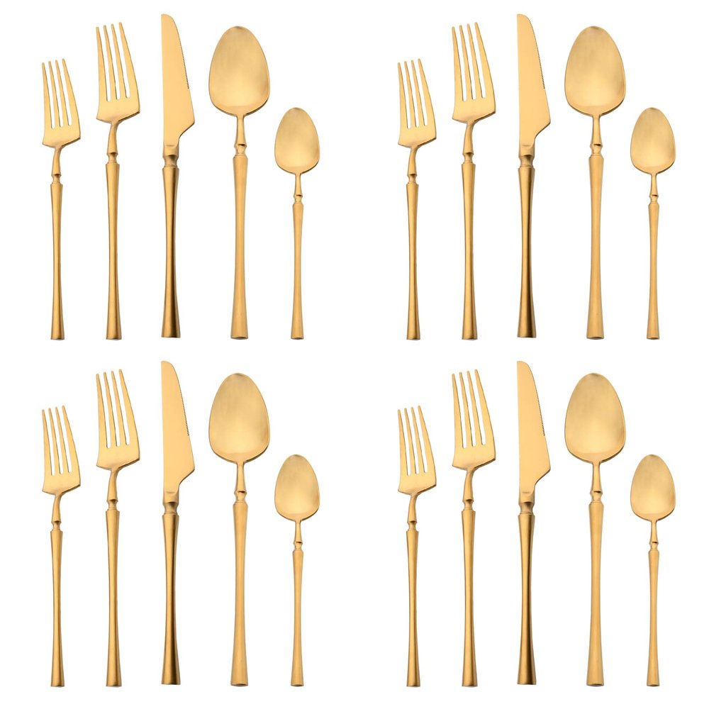 BRIIEC 18/10 Stainless Steel Tableware Set, 20 Piece Flatware Silverware Set Eating Utensils Set Service for 4, Unique Handle, Dishwasher Safe - Matte Gold