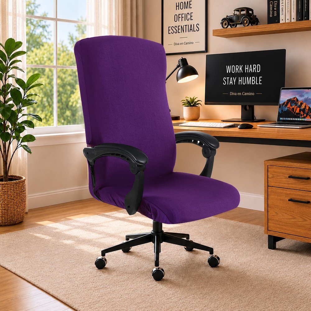 Stretch Computer Office Chair Cover with Durable Zipper - Universal Washable Removable Spandex Rotating Boss Chair Slipcovers - Anti-dust Soft Desk Chair Seat Protector for Dogs, Cats, Pets (Purple)