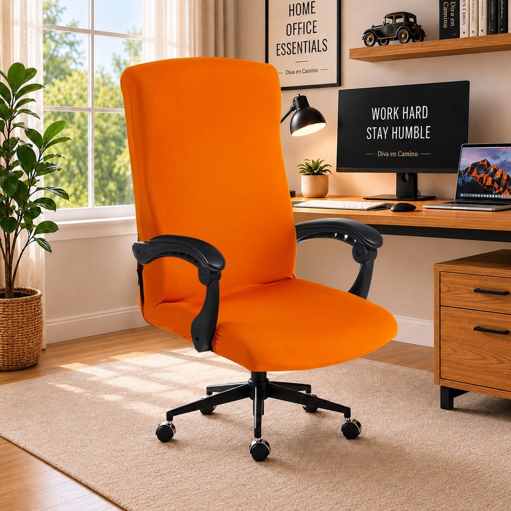 Stretch Computer Office Chair Cover with Durable Zipper - Universal Washable Removable Spandex Rotating Boss Chair Slipcovers - Anti-dust Soft Desk Chair Seat Protector for Dogs, Cats, Pets (Orange)