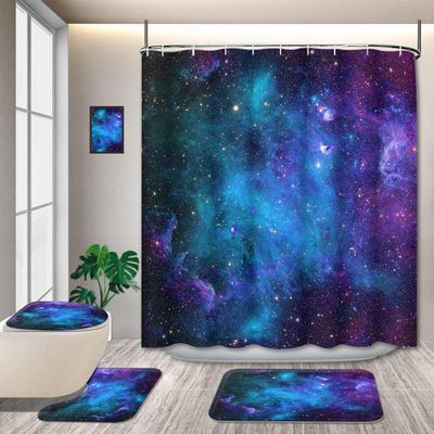 4 Pcs Fabric Universe Outer Space Theme Shower Curtain Sets, Starry Galaxy with Non-Slip Rugs Toilet Lid Cover Bath Mat, Starry Bathtub Set Men Boys Trippy Nebula (Starry Sky)Without light-up feature