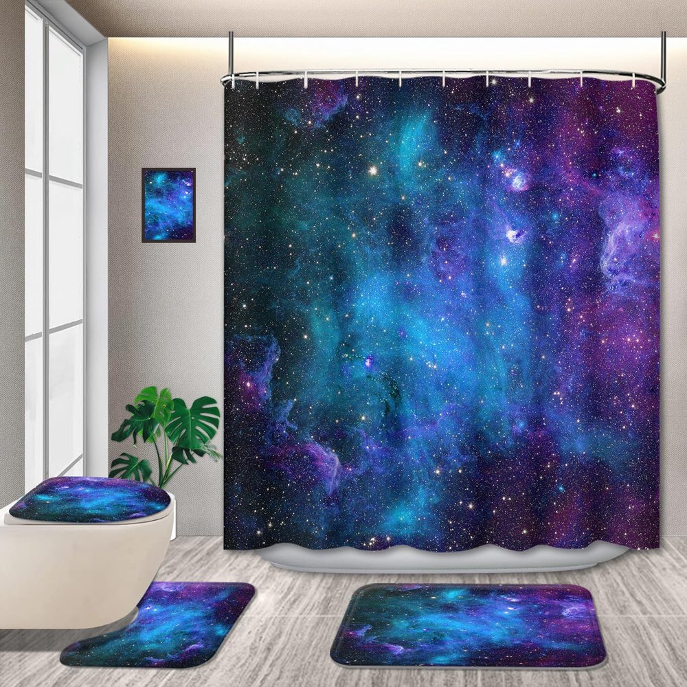 4 Pcs Fabric Universe Outer Space Theme Shower Curtain Sets, Starry Galaxy with Non-Slip Rugs Toilet Lid Cover Bath Mat, Starry Bathtub Set Men Boys Trippy Nebula (Starry Sky)Without light-up feature