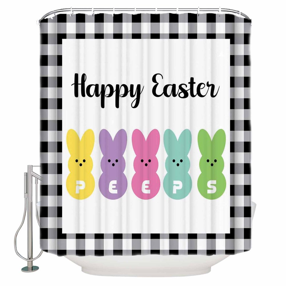 ALAGEO Easter Shower Curtain Happy Easter Peeps Shower Curtains for Bathroom Decor, Bunny Black Buffalo Plaid Bath Curtains Sets with Hooks Waterproof Standard Size 60" x 72"