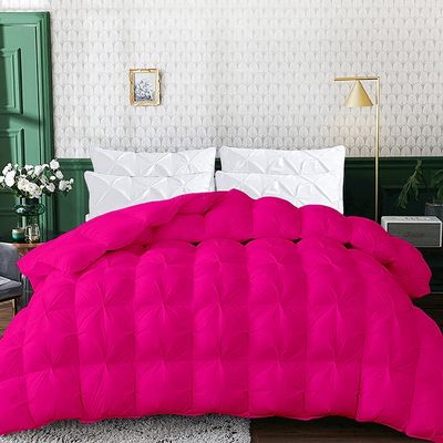 1 PC Baffle Box Pinch Pleated Comforter/Quilted-100% Egyptian Cotton 500 GSM Fill Weight Cloud Fluffy Cozy Down Alternative Duvet Insert With 4 Corner Tabs Hot Pink | Queen Best Comforter