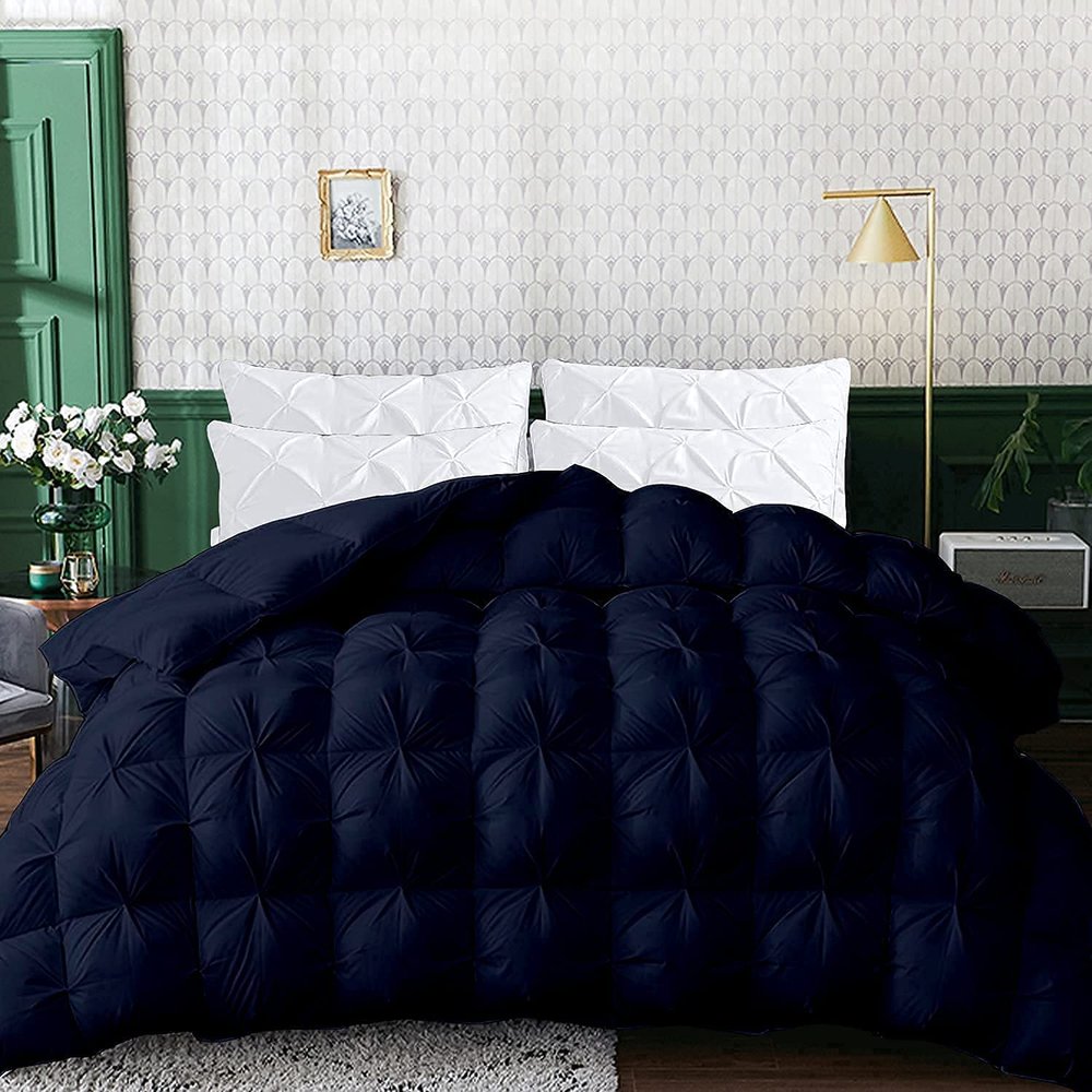 1 PC Baffle Box Pinch Pleated Comforter/Quilted-100% Egyptian Cotton 500 GSM Fill Weight Cloud Fluffy Cozy Down Alternative Duvet Insert With 4 Corner Tabs Navy Blue | King Best Comforter