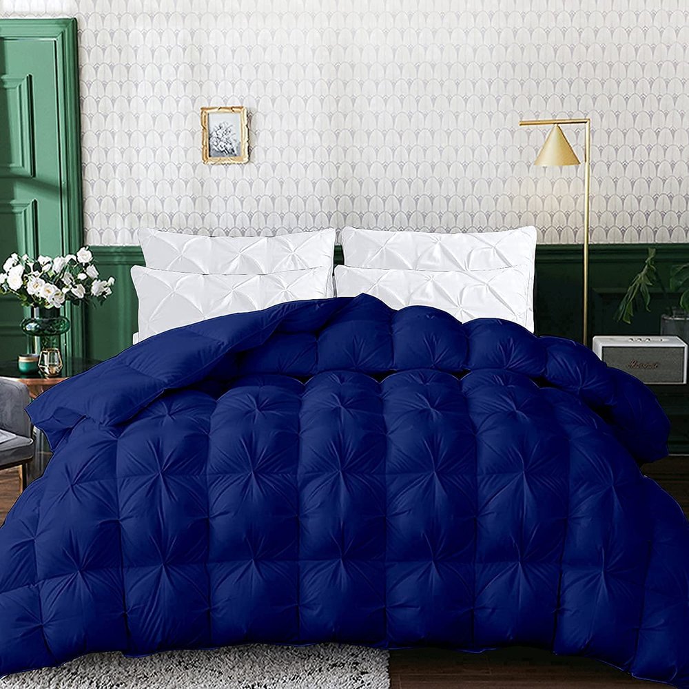 1 PC Baffle Box Pinch Pleated Comforter/Quilted-100% Egyptian Cotton 500 GSM Fill Weight Cloud Fluffy Cozy Down Alternative Duvet Insert With 4 Corner Tabs Royal Blue | Queen Best Comforter