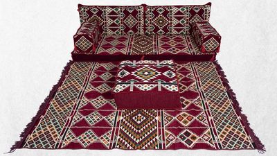 Maroon Arabic Majlis, Floor Sofa Seating Set, Arabic Jalsa, Loveseats,Floor Cushions, Traditional Arabic Sofa, Ottoman Couch, Rug, Kilim