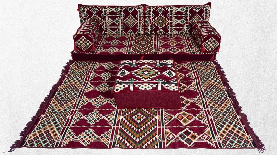 Maroon Arabic Majlis, Floor Sofa Seating Set, Arabic Jalsa, Loveseats,Floor Cushions, Traditional Arabic Sofa, Ottoman Couch, Rug, Kilim