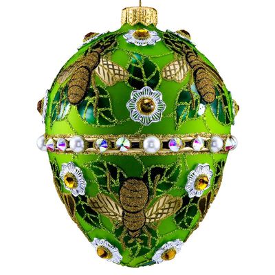 Faberge Style Glass Egg Handmade in Poland, Glass Ornament, Green, Golden bee, Glitter, 303, Renata Siwek Design