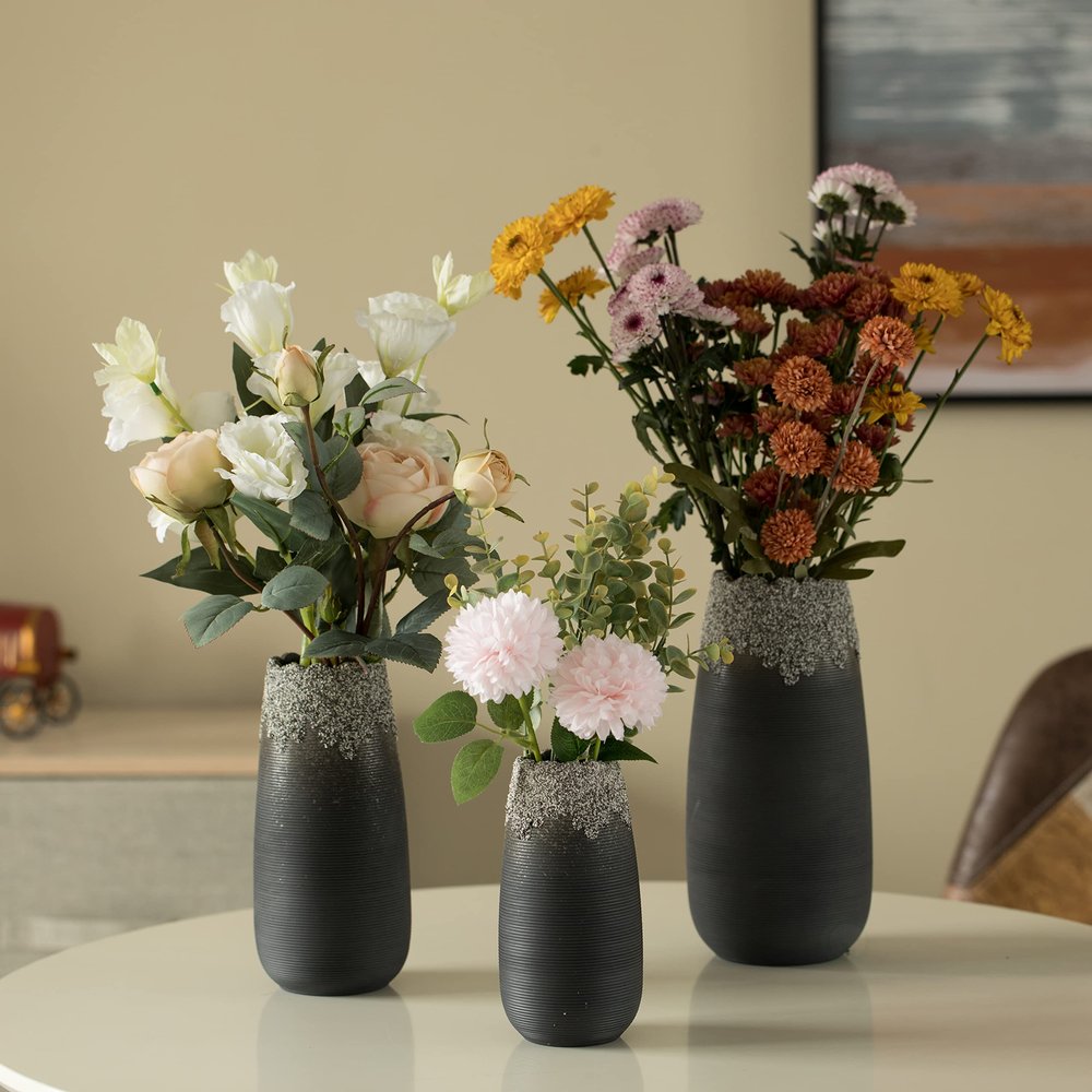 Contemporary Black Table Vase with Dripping Crystal Look and Scalloped Opening Design, Set of 3