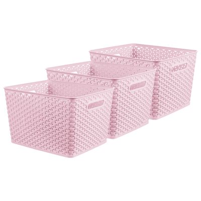 Curver My Style Rattan Effect Set of 3 Kitchen, Living room, Bathroom, Bedroom, Utility Large Rectangular Storage Baskets 18 Litres - Pink